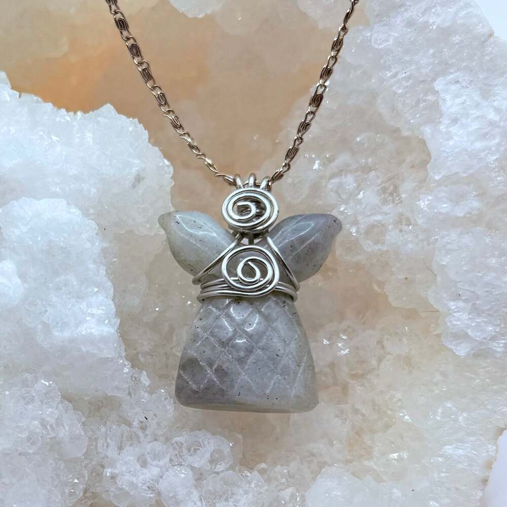 Labradorite Angel Pendant Necklace Wire Wrapped Carved Handmade Silver Tone